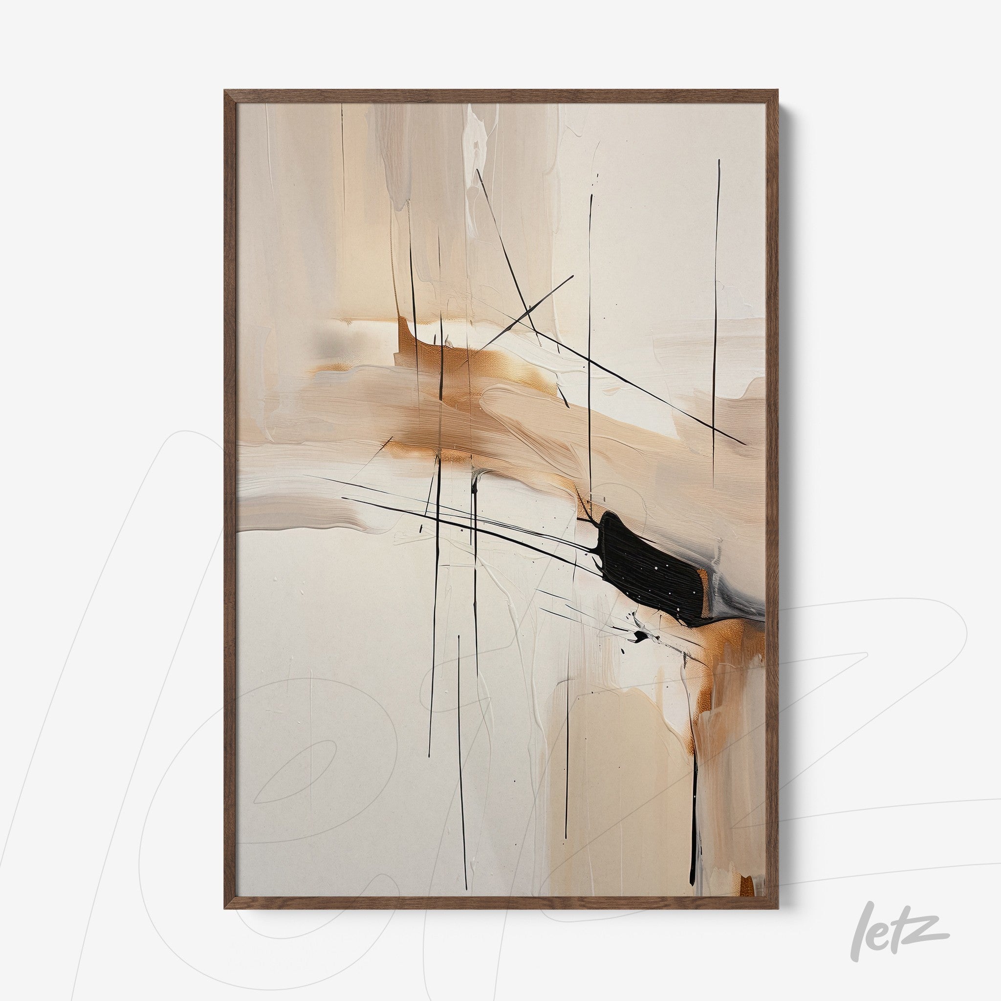 abstract art piece with neutral tones and black brushstrokes framed in a dark wood frame