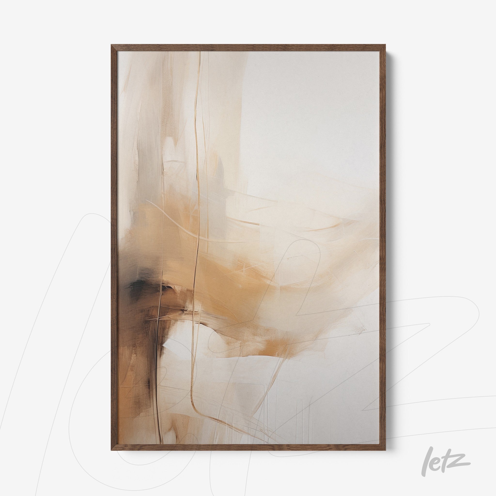 abstract artwork in shades of beige and brown with a light wood frame
