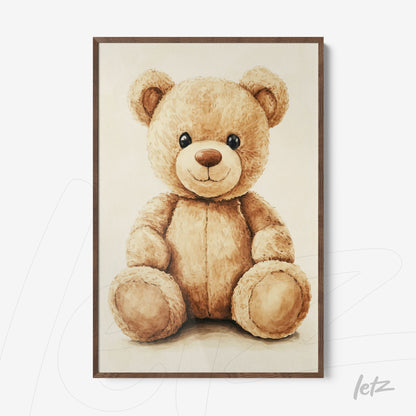 framed watercolor style artwork of a beige teddy bear with wooden frame