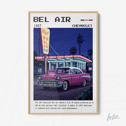 pixel art print of a 1957 Chevrolet Bel Air in front of a classic diner at night