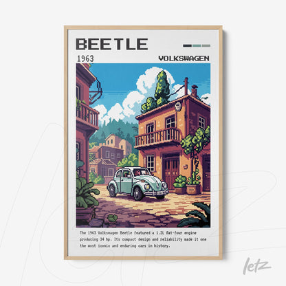 framed wall art featuring pixel art of the 1963 Volkswagen Beetle against a light blue background