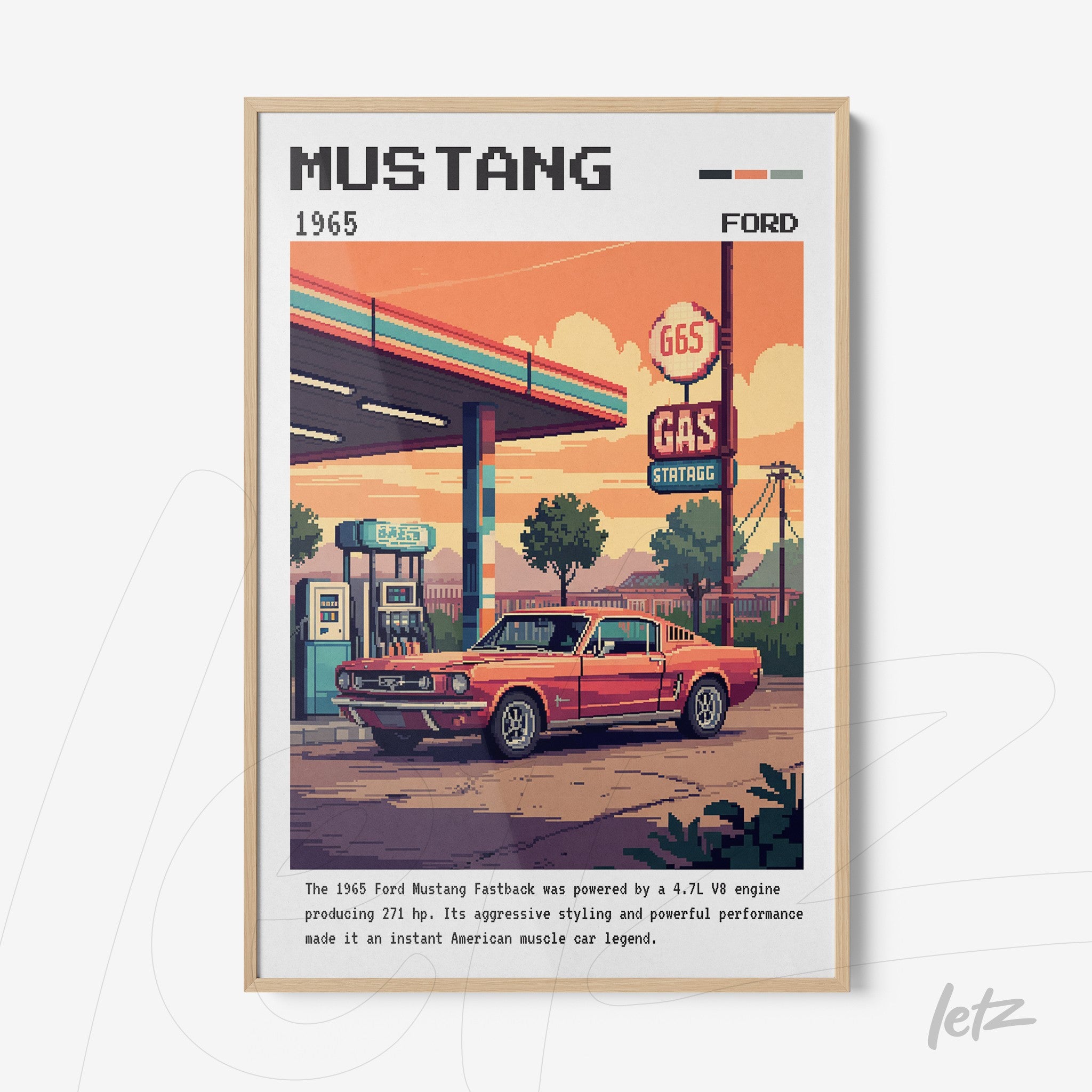 framed pixel art of a 1965 Ford Mustang parked at a gas station