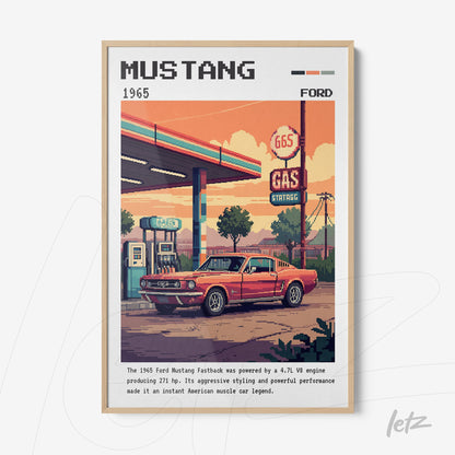 framed pixel art of a 1965 Ford Mustang parked at a gas station