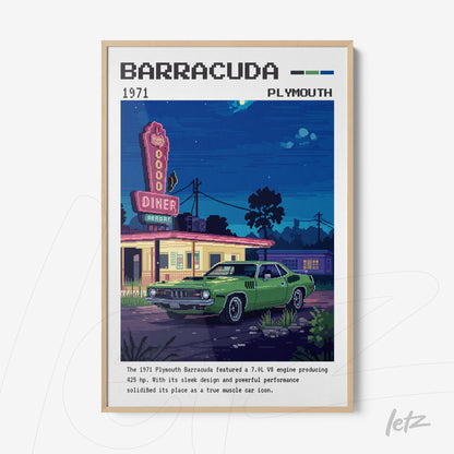 retro artwork of a Plymouth Barracuda in front of a diner, featuring a light frame