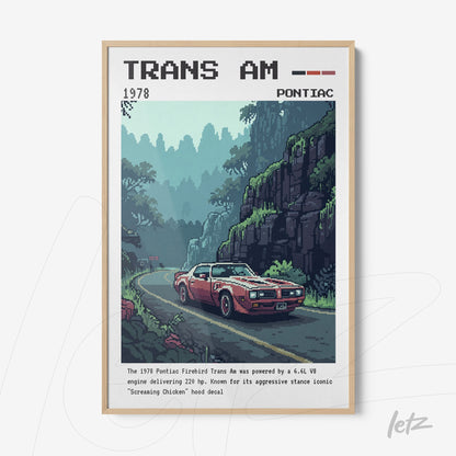 framed digital art of a stylized sports car Trans Am with a light wood frame and mountainous landscape in the background