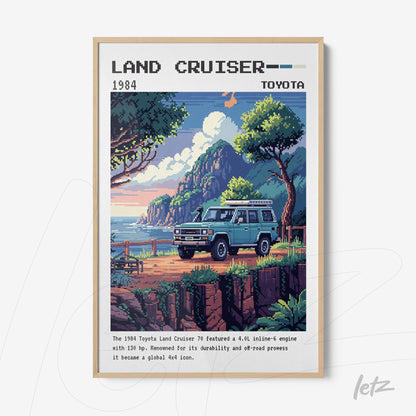 pixel art illustration of a 1984 Toyota Land Cruiser in a mountainous landscape with lush vegetation