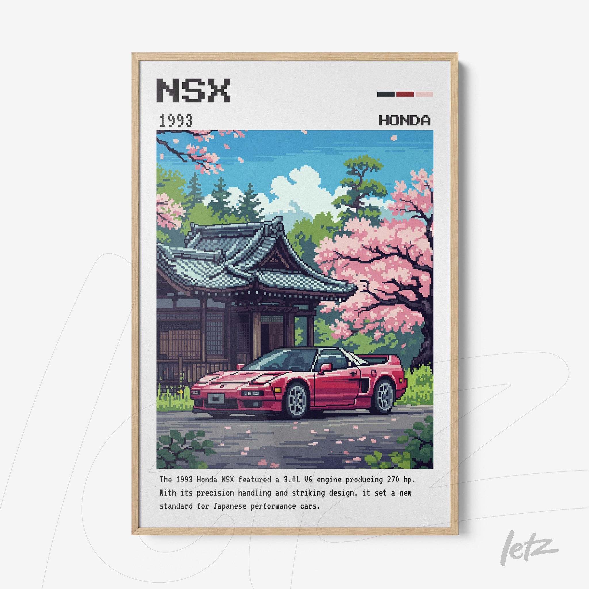 pixel art print of a 1993 Honda NSX in front of a traditional Japanese temple surrounded by cherry blossom trees
