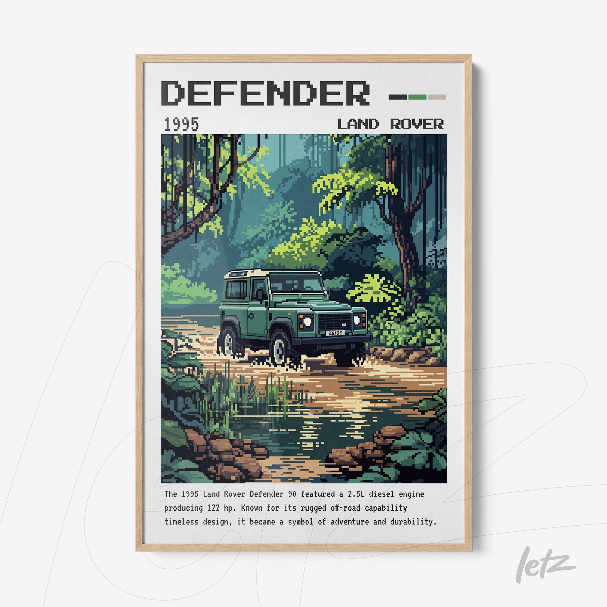 retro pixel art print of the Land Rover Defender 90 in light wooden frame