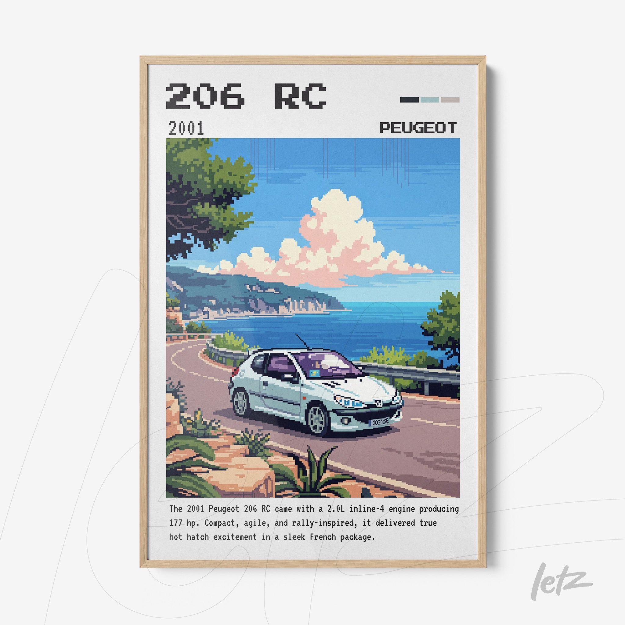 framed pixel art illustration of a Peugeot 206 RC car on a coastal road with a clear blue sky