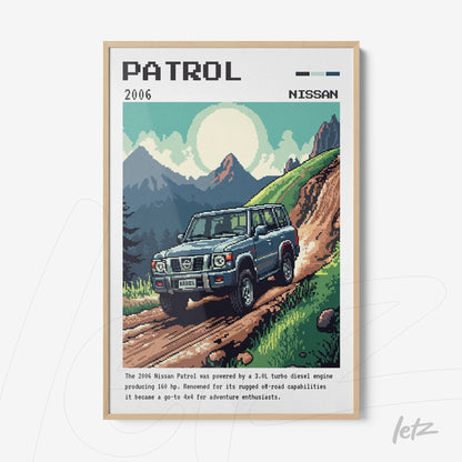 pixel art print of a 2006 Nissan Patrol on a mountain road with light frame