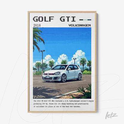 pixel art framed wall art featuring a 2010 Volkswagen Golf GTI in an outdoor scene with a blue sky