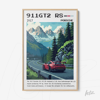 framed digital artwork of Porsche 911 GT2 RS in a mountainous landscape with light wooden frame