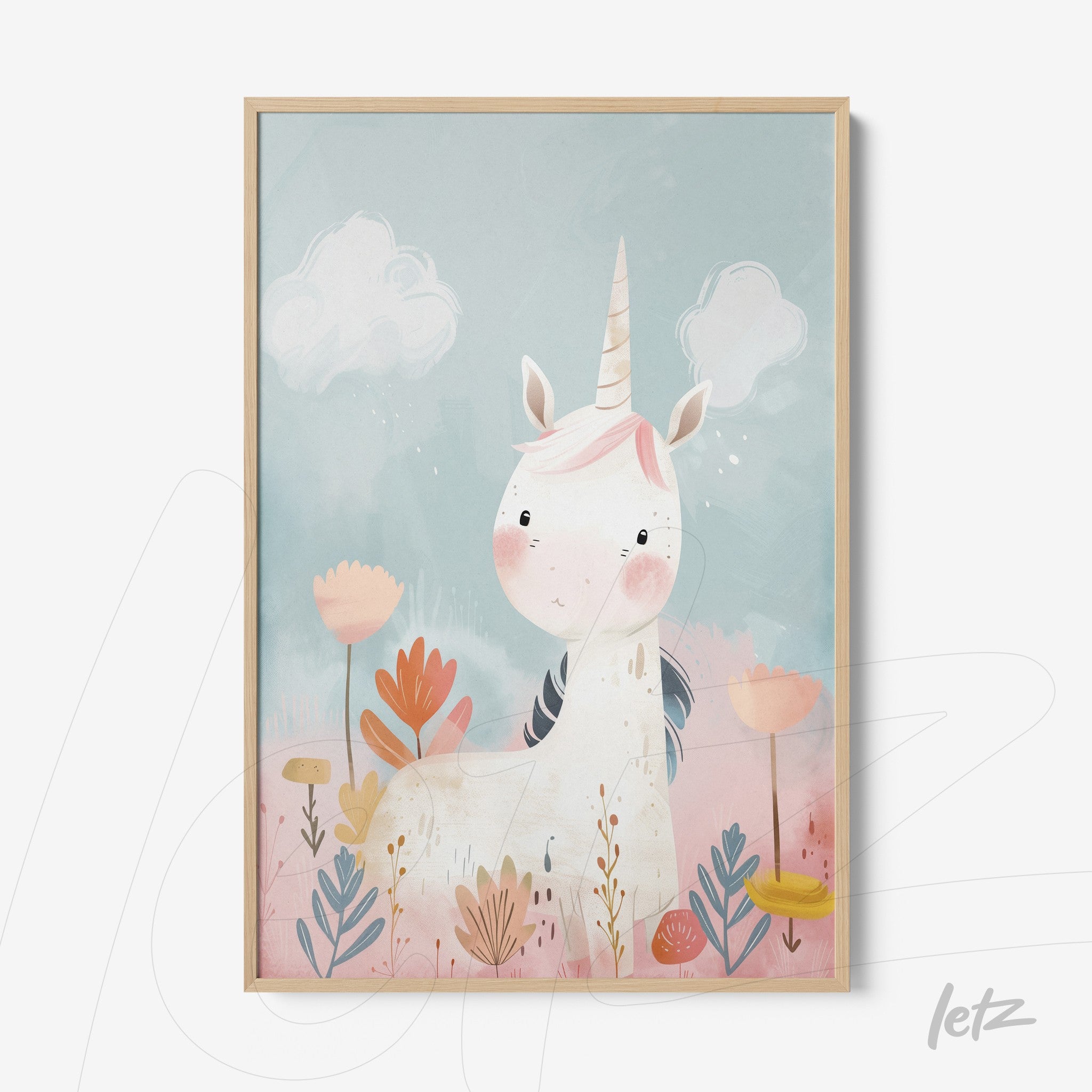 framed wall art featuring a cute unicorn illustration with a light blue background and colorful floral elements