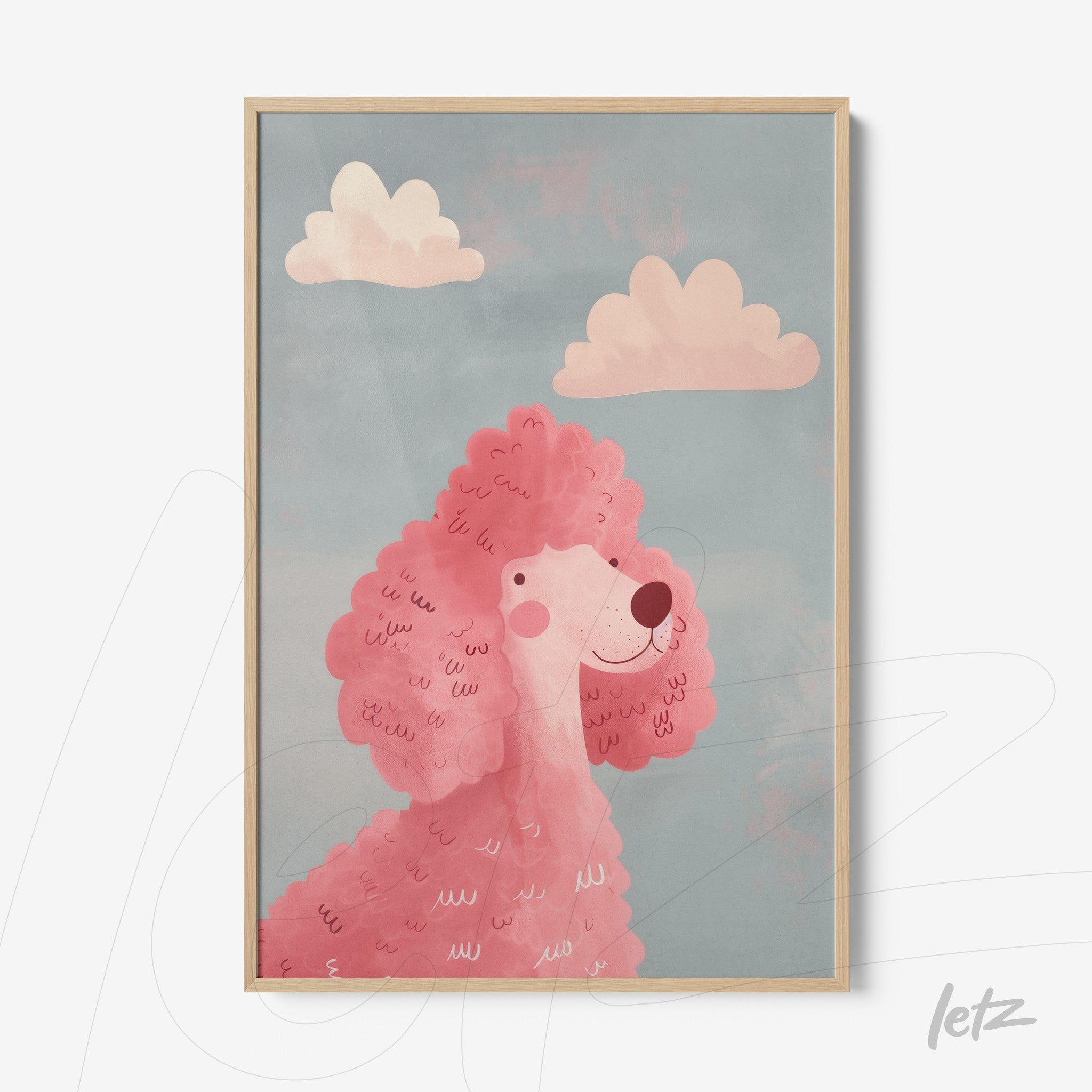 framed illustration of a pink poodle against a blue sky with soft clouds in a light wooden frame