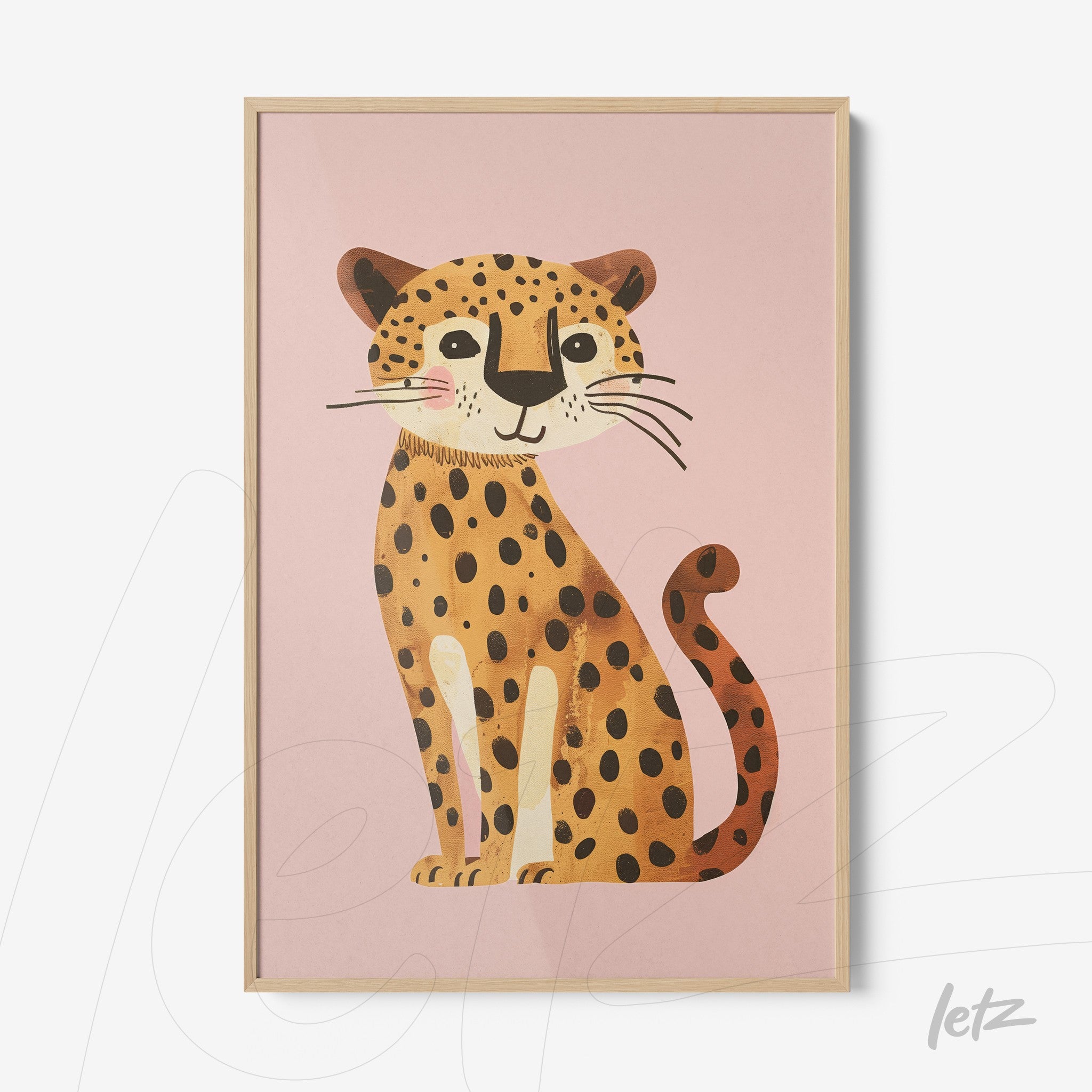 framed wall art featuring a smiling ocelot illustration with a pink background and light wood frame