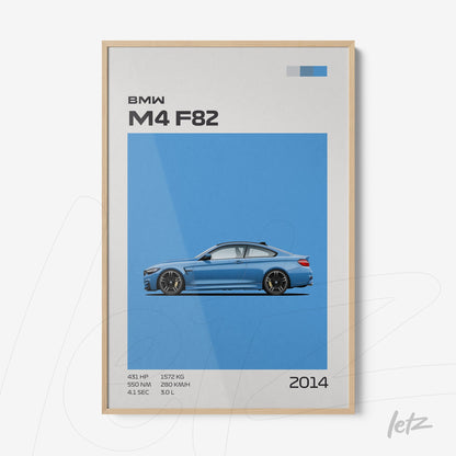 modern wall art featuring BMW M4 F82 in blue background with light wood frame