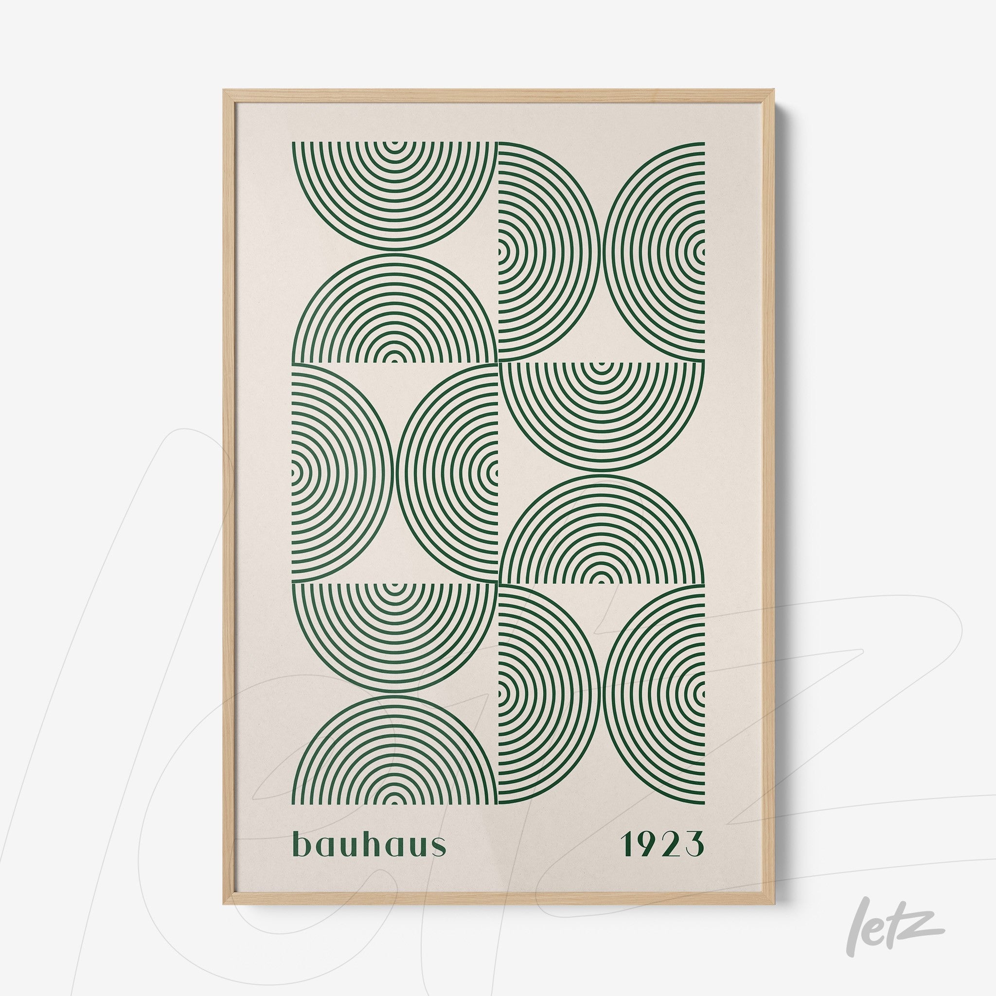 framed geometric art inspired by 1923 Bauhaus style with light wood frame