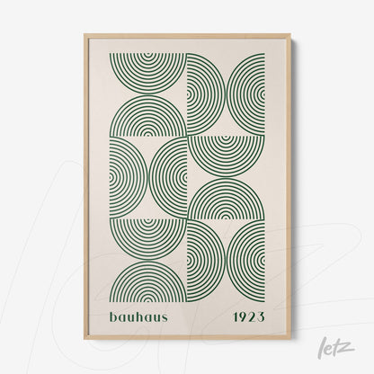 framed geometric art inspired by 1923 Bauhaus style with light wood frame