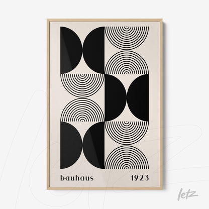 poster print featuring black and white geometric bauhaus style art with light wood frame