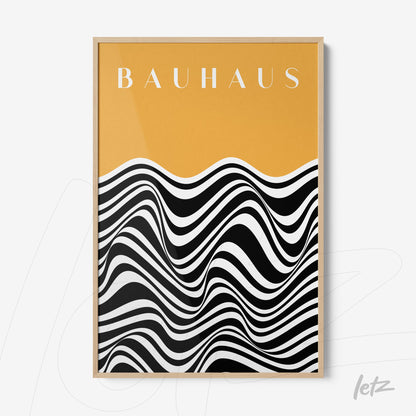 poster print featuring black and white wavy design on orange background with 'bauhaus' text in light wooden frame