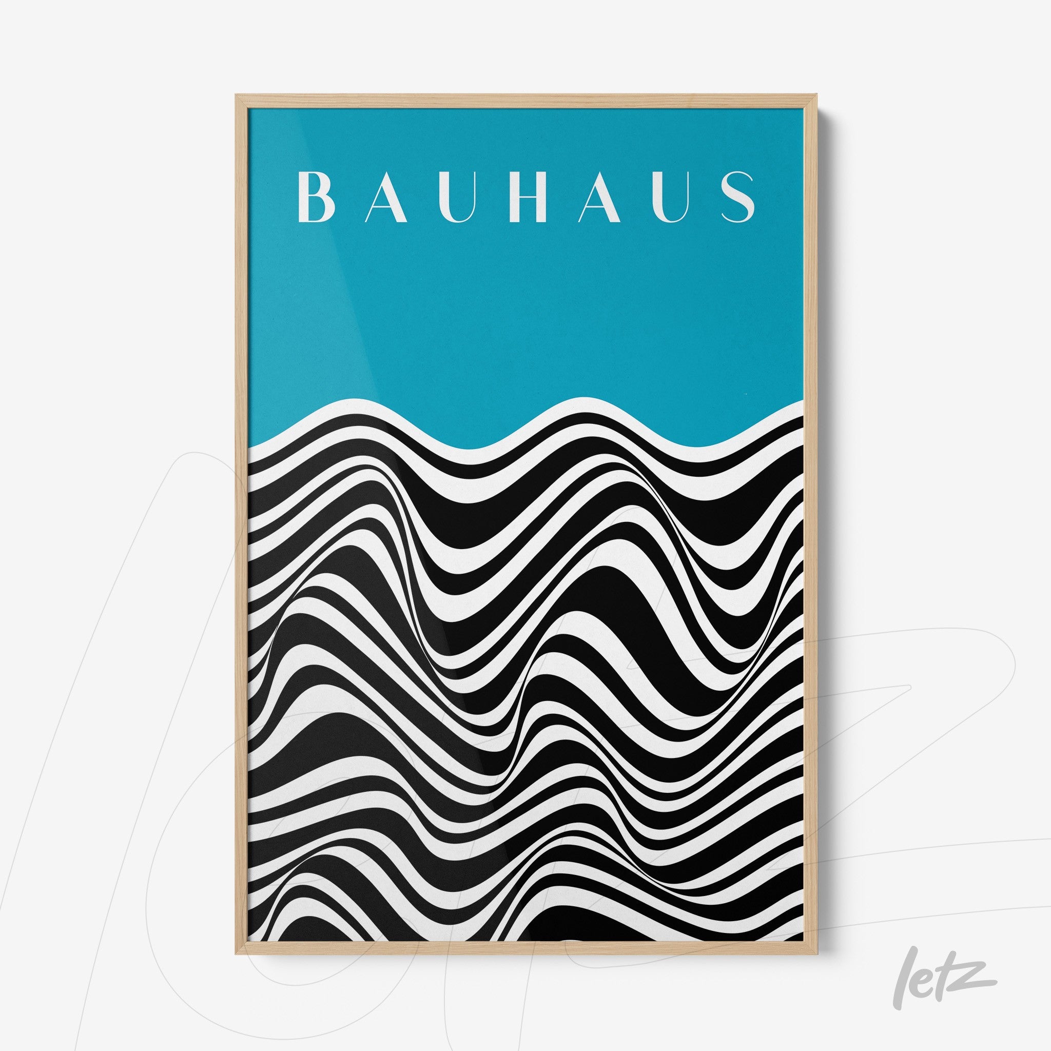 poster featuring black and white wavy pattern with bauhaus text, framed in light wooden frame