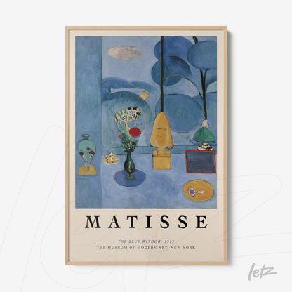decorative artwork by Matisse titled 'The Blue Window' in a light frame with a dominant blue background