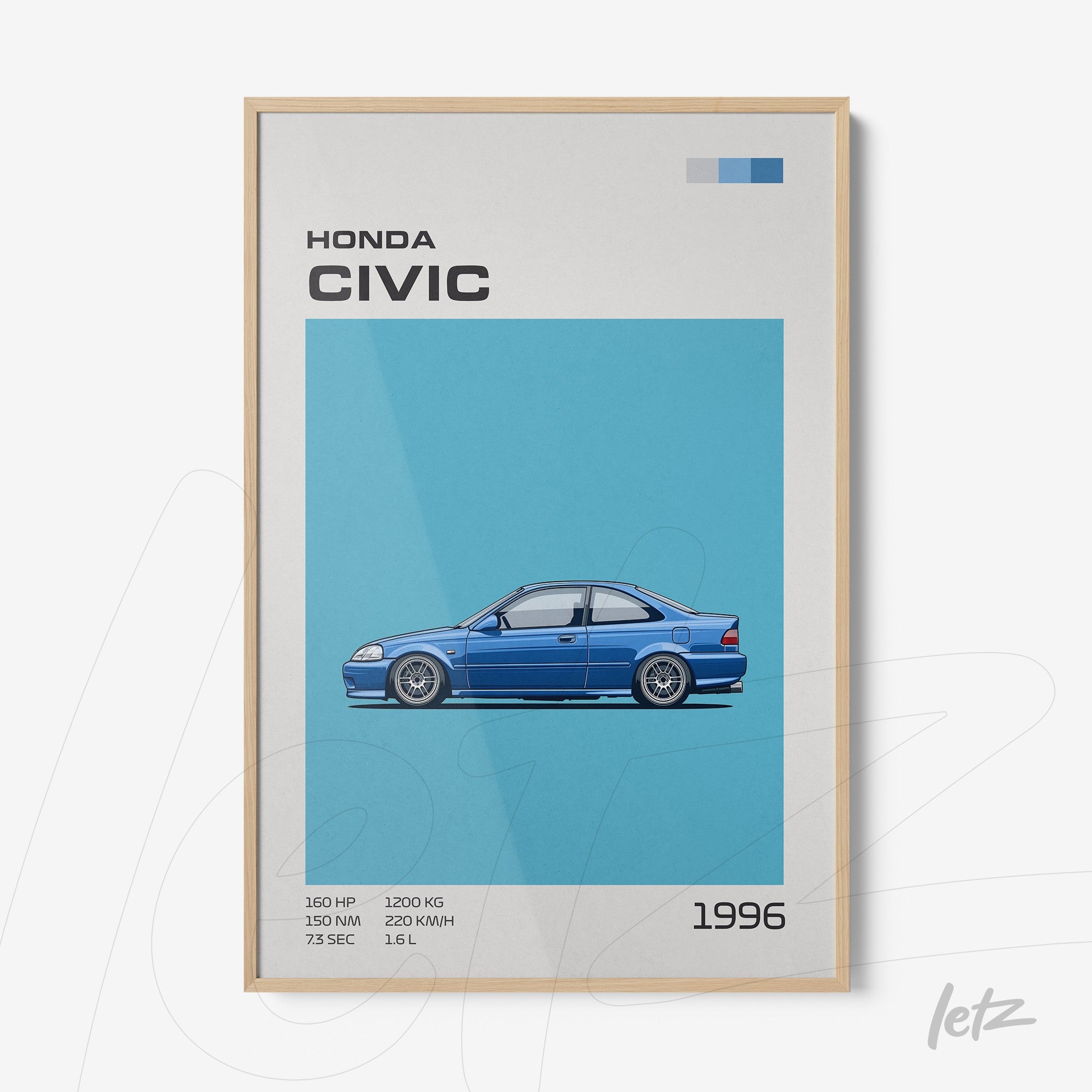 digital artwork of a 1996 Honda Civic on a blue background with light wooden frame