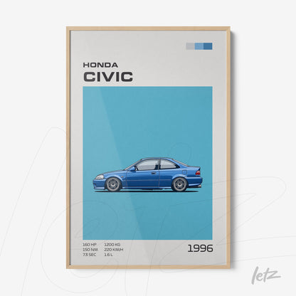 digital artwork of a 1996 Honda Civic on a blue background with light wooden frame