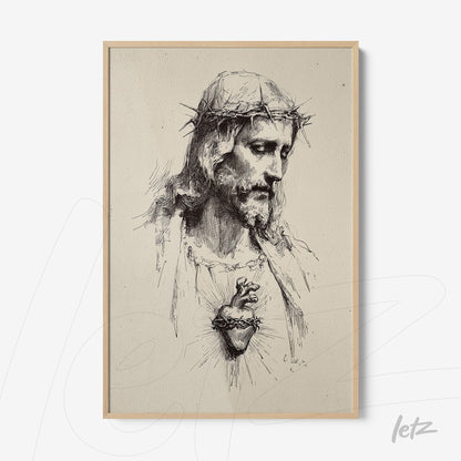 framed wall art featuring an illustration of the sacred heart of Jesus with a textured background