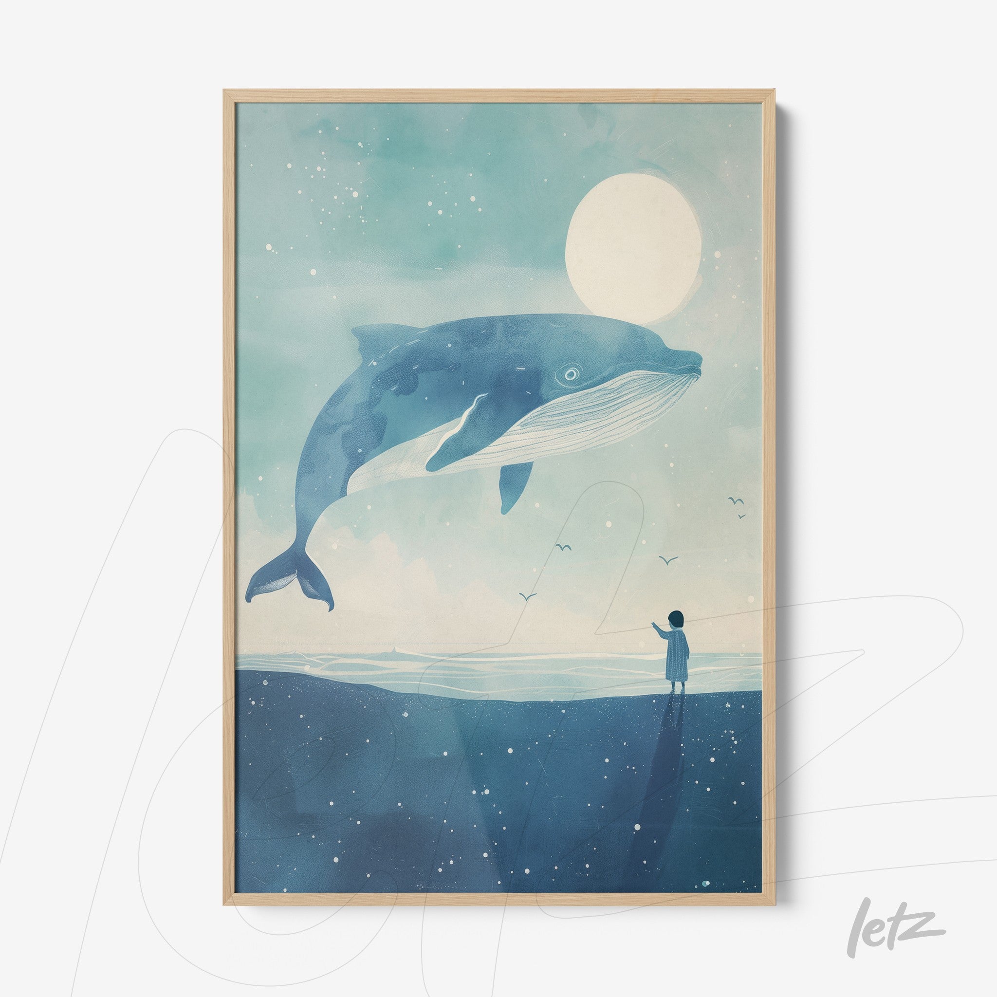 framed art featuring a giant blue whale under a starry sky with a child gazing in awe, light wood frame