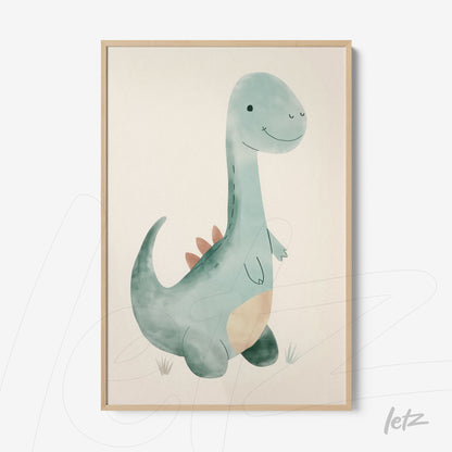 framed wall art featuring a cute dinosaur illustration with light wooden frame