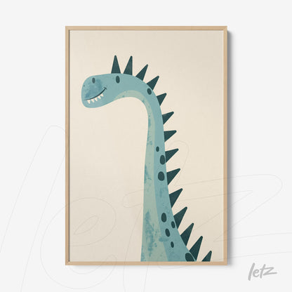 framed wall art featuring a blue dinosaur illustration on a light background with light wood frame