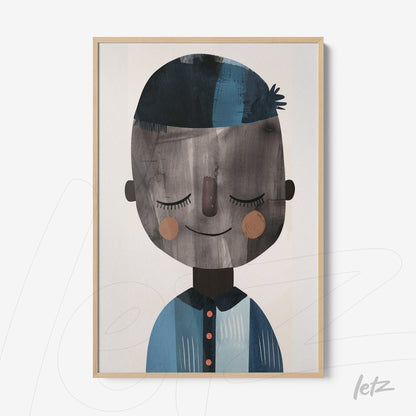 framed artwork featuring a smiling character with blue hair and a light wood frame