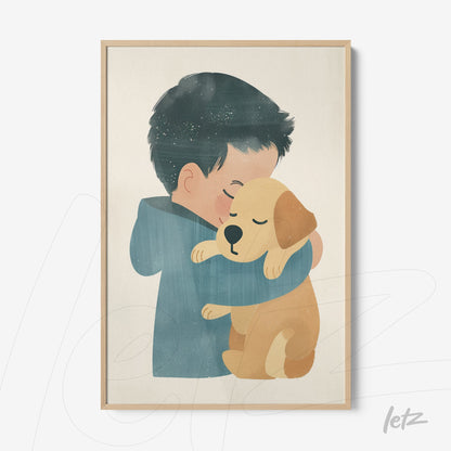 framed illustration of a child hugging a dog with a light wood frame and neutral background