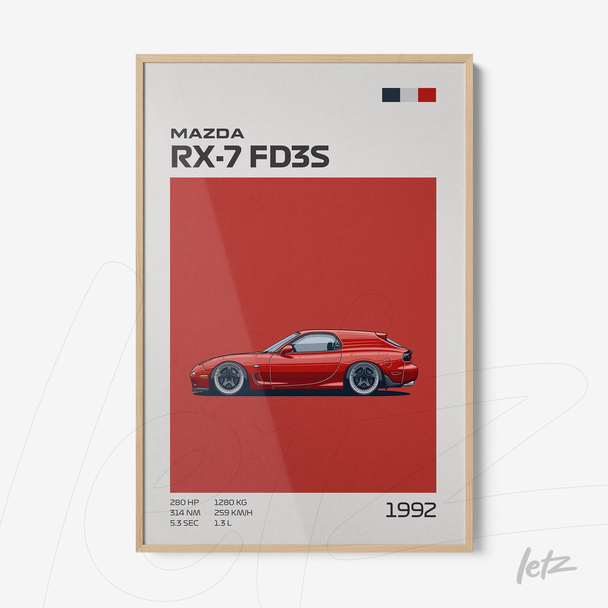 framed wall art featuring the mazda rx-7 fd3s illustration on a red background with technical specifications beside it