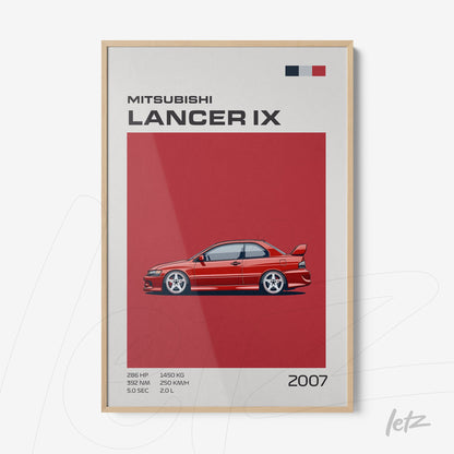 framed minimalist art of Mitsubishi Lancer IX on red background with light wood frame