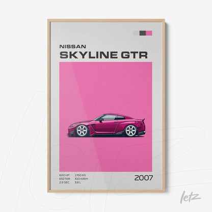 framed art featuring a stylized illustration of a Nissan Skyline GTR on a vibrant pink background with a light wooden frame