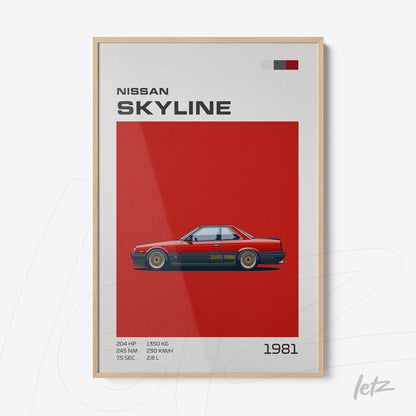 art print featuring a Nissan Skyline car from 1981 against a red background with a light wooden frame