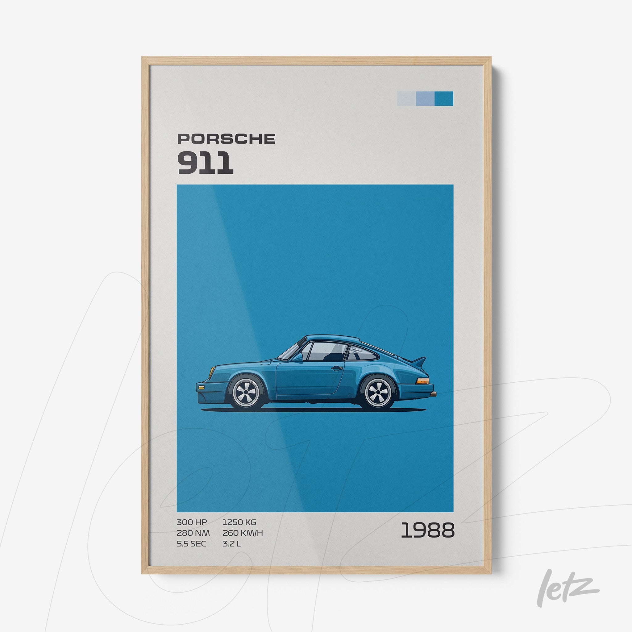 framed wall art featuring minimalist illustration of a blue Porsche 911 with light frame