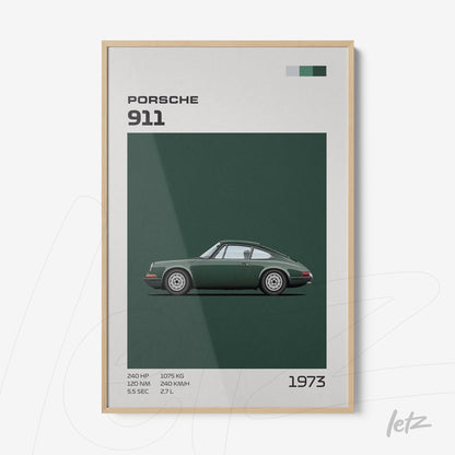 framed art print featuring illustration of 1973 Porsche 911 in green background with light wood frame