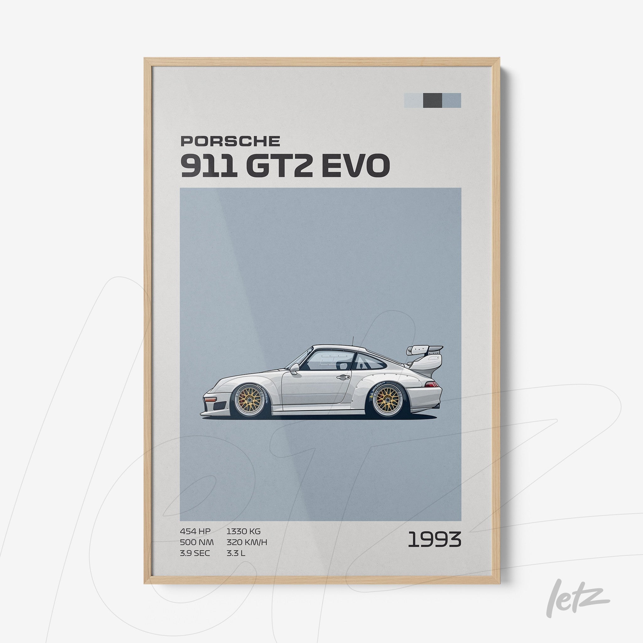 framed wall art featuring an illustration of the Porsche 911 GT2 Evo with a light wood frame