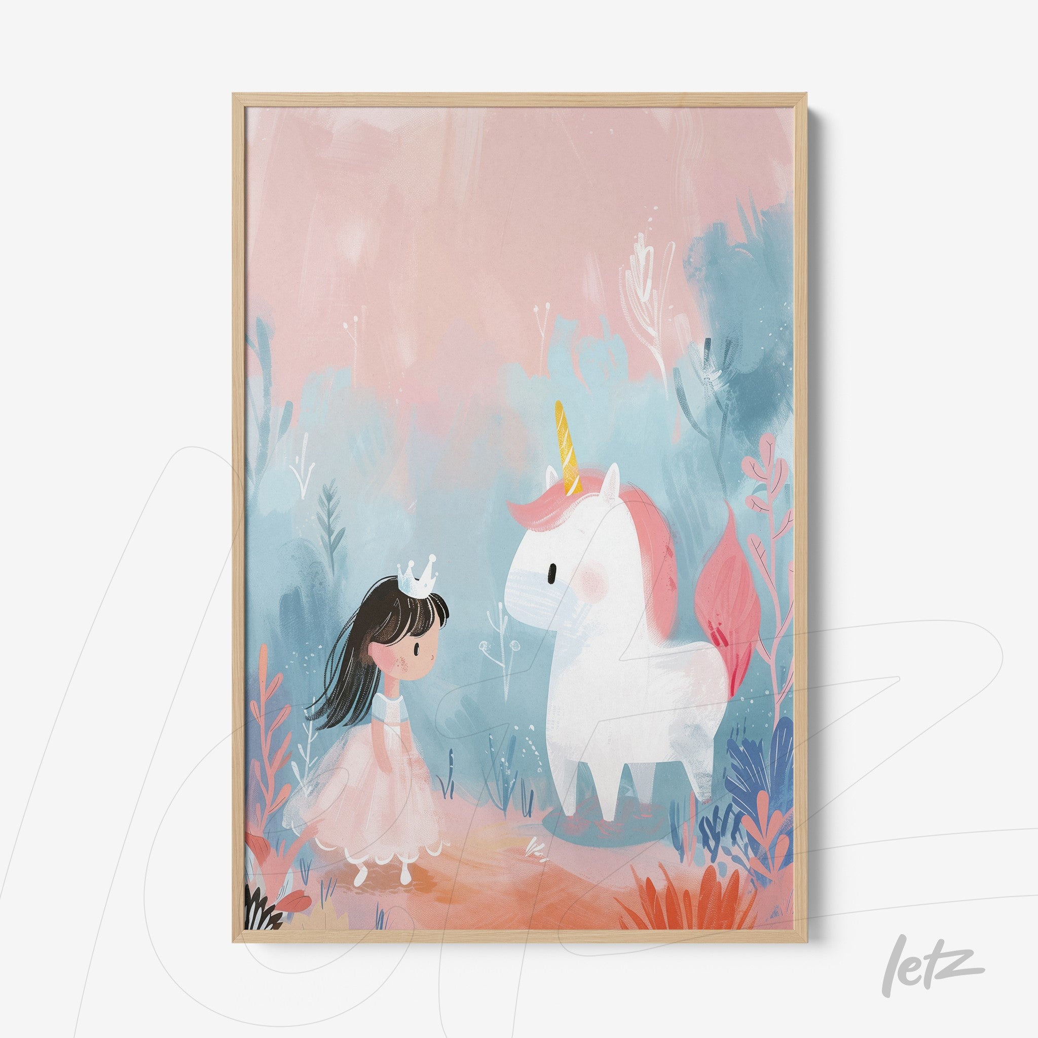 cute children's artwork featuring a girl in a pink dress interacting with a unicorn in a pastel background