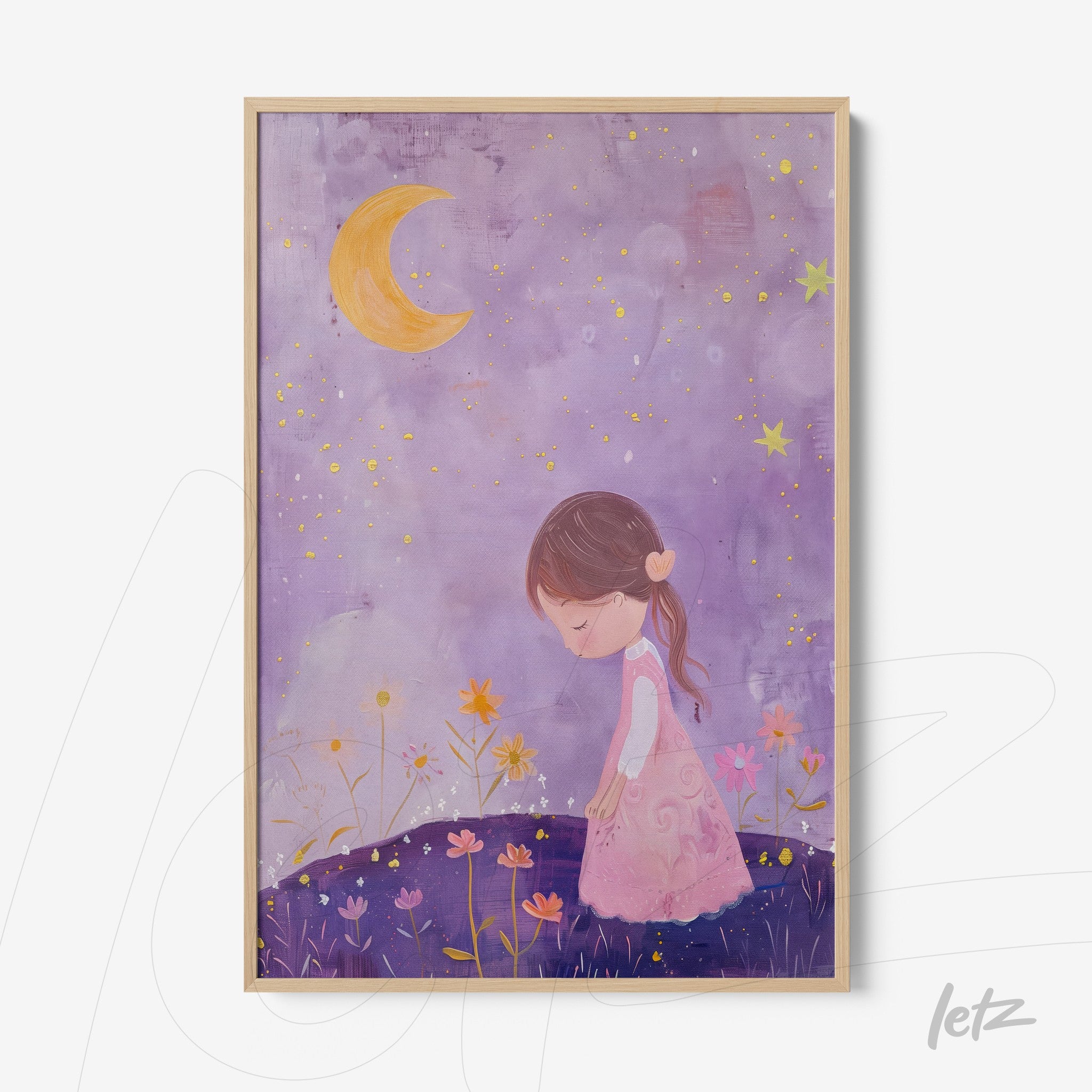 framed wall art featuring a child walking in a flower field under a crescent moon against a purple background