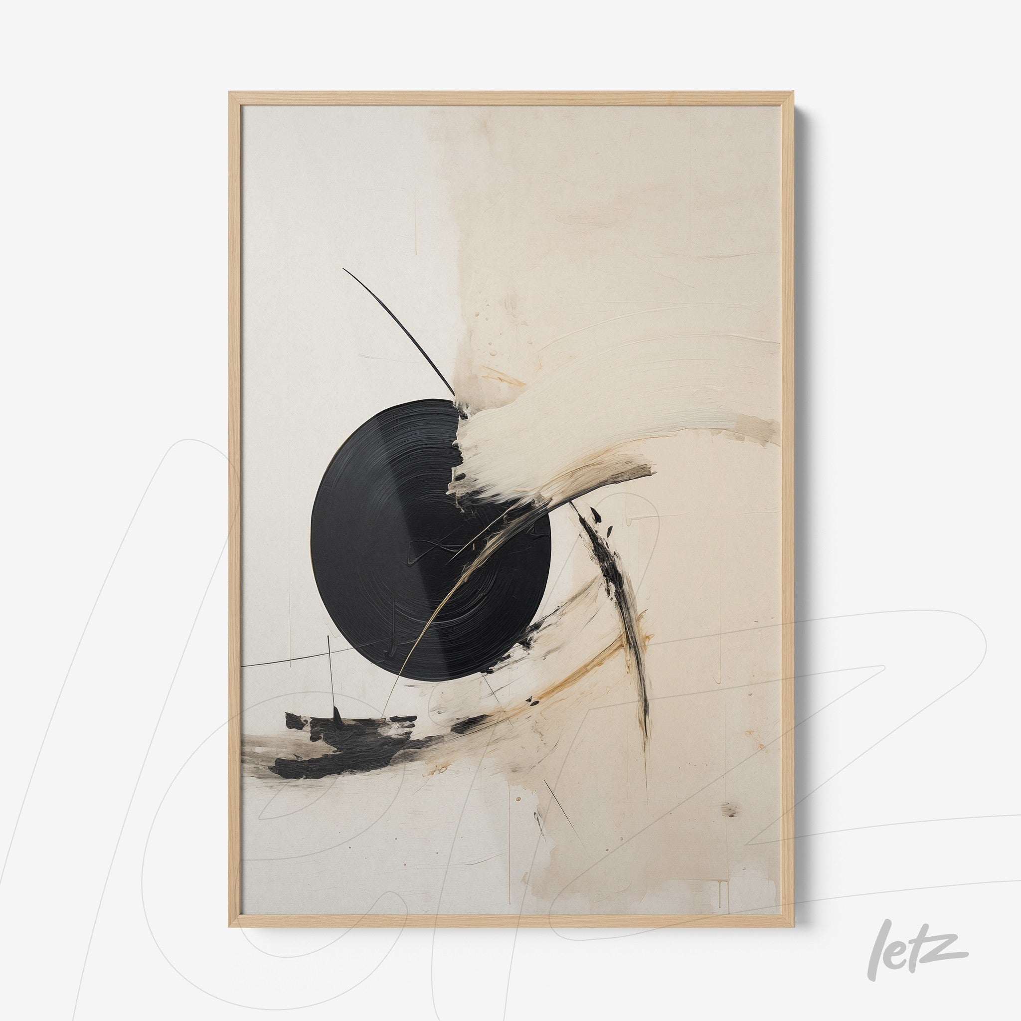 abstract wall art featuring a neutral color palette with a central black circle and white paint strokes, framed in light wood