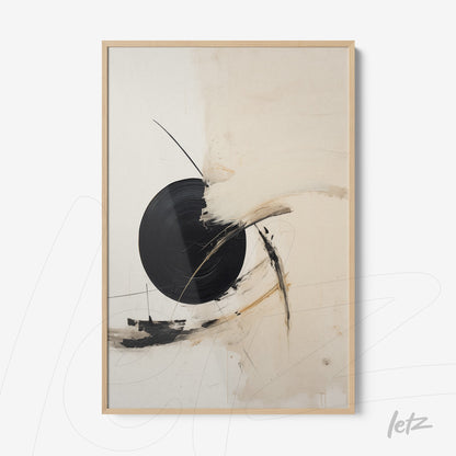 abstract wall art featuring a neutral color palette with a central black circle and white paint strokes, framed in light wood