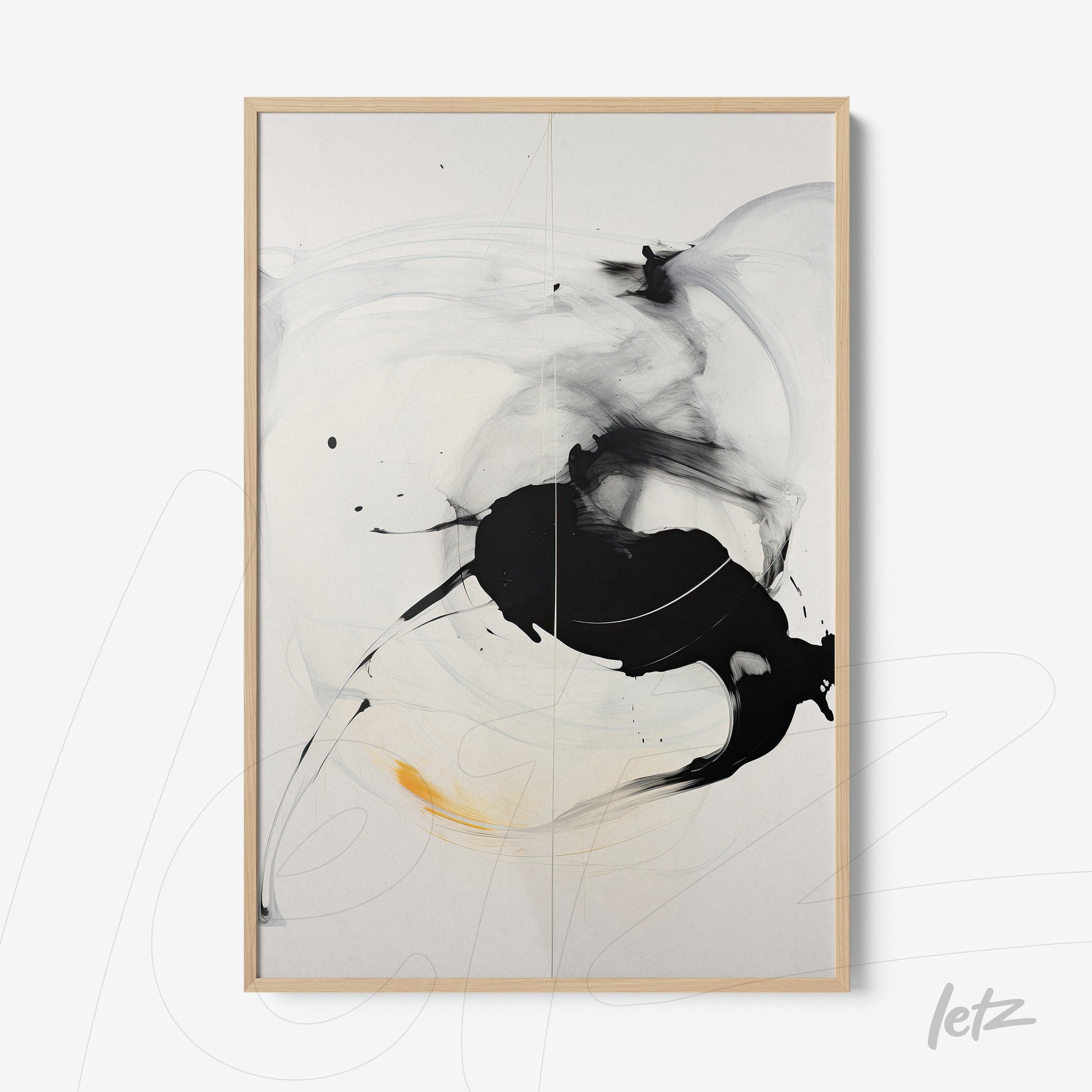 abstract framed wall art with black swirls and touches of yellow