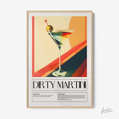 decorative wall art featuring a dirty martini cocktail illustration in a light frame