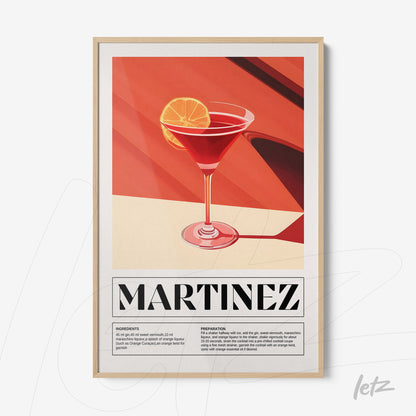 framed wall art featuring an artistic illustration of a martinez cocktail against a geometric background with light frame