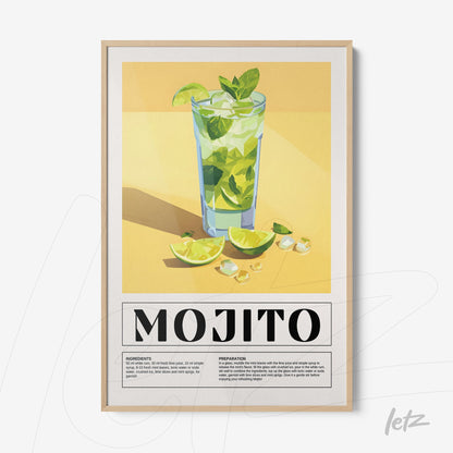 digital art print of mojito in tall glass surrounded by lime slices and ice, light frame on yellow background