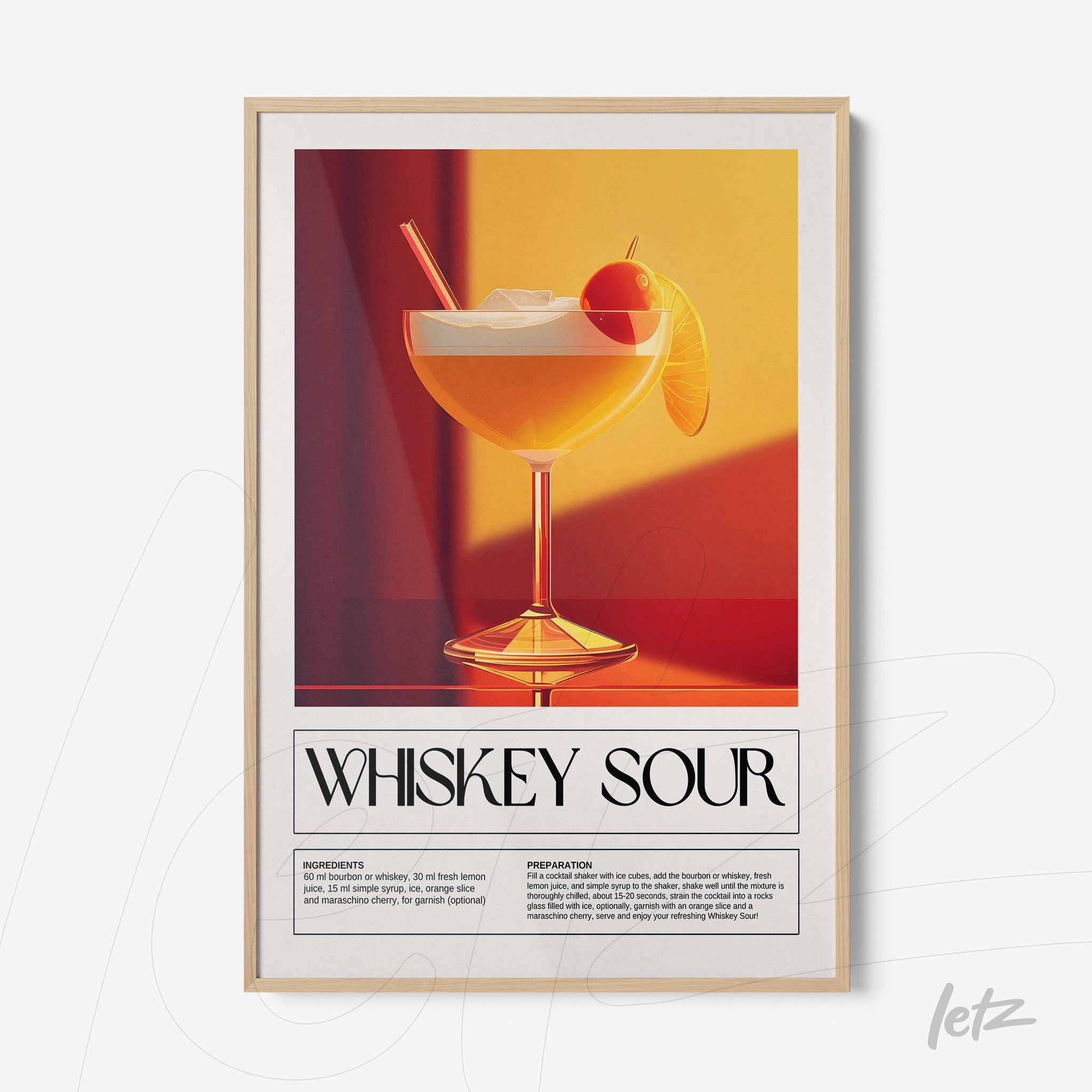 retro-style framed art of whiskey sour cocktail with light frame and orange-red background